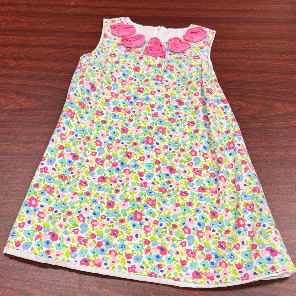 Sage and Lilly Girls Floral Sleeveless A-Line Dress with Pink Rosette Trim